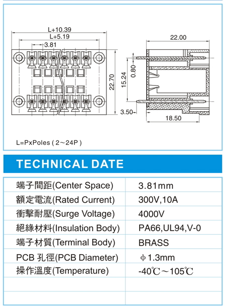 复合式接线端子,CHH-1.5-XX-3.81-02VF(300V,10A)尺寸图