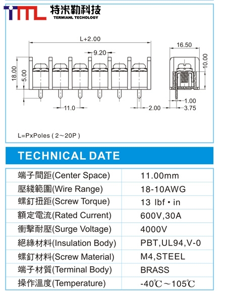 栅栏式接线端子,BHP 5-XX-11.0-01(600V,30A)尺寸图